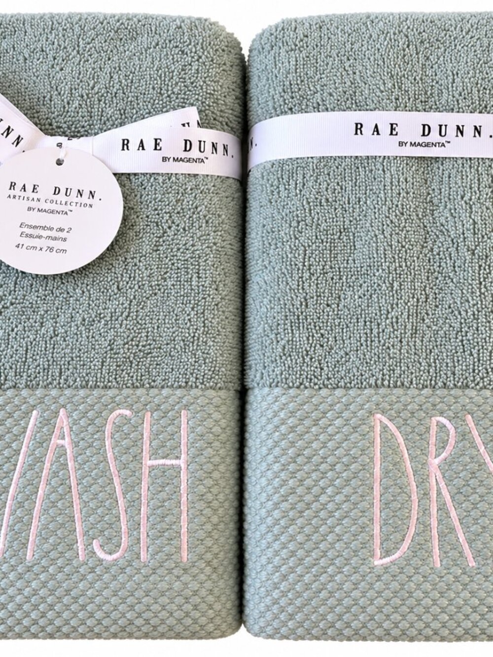 Rae Dunn Hand Towels Wash Dry Bathroom Mineral Green Embroidered 16x30" Set of 2